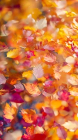 Autumn leaf confetti swirling in soft golden afternoon light.