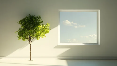 Interior wall with solitary green tree and square window.