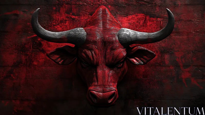 Red carved bull head sculpture on distressed wall surface.