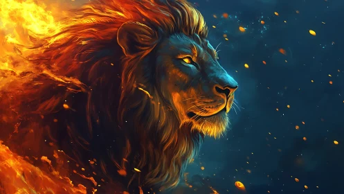 Bioluminescent lion profile in dual-color fire and nebula