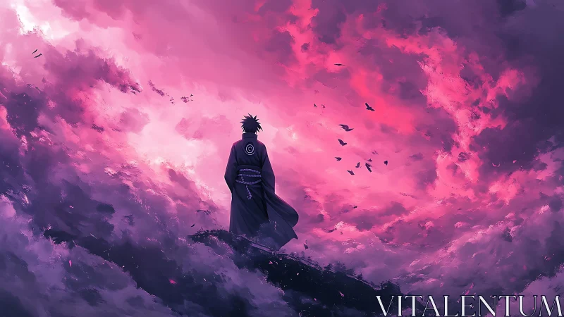 Solitary robed figure under dense magenta cloud field.