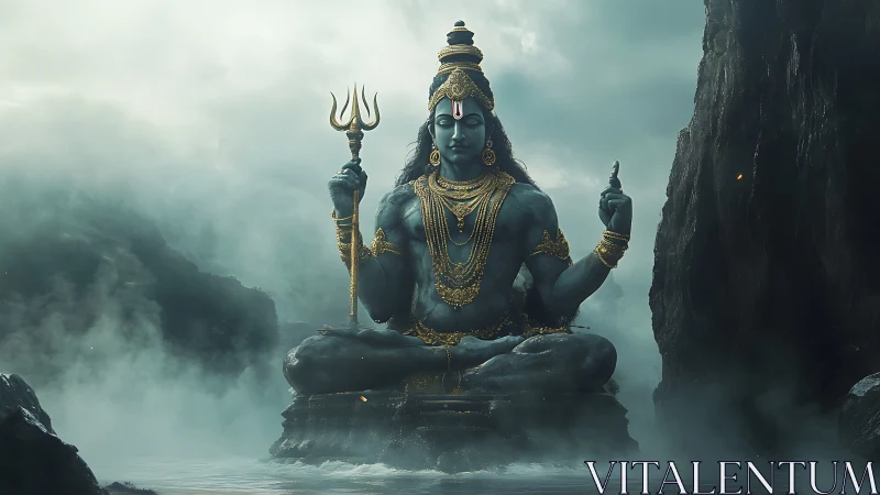 Storm-cloaked Shiva meditating between mountains of mist.