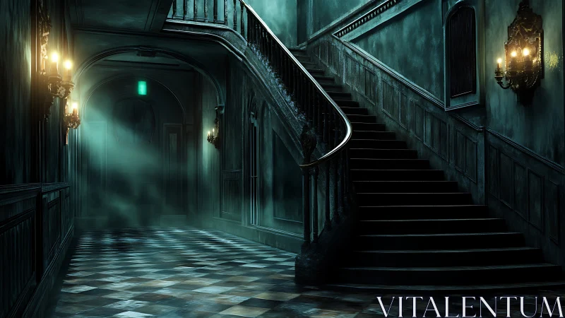 Nocturnal baroque staircase in fog-drenched haunted corridor.