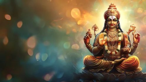 Radiant four-armed deity enthroned in swirling cosmic glow.