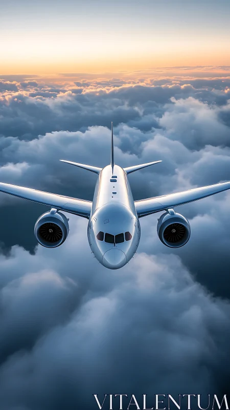 Front-facing airliner cuts through stratiform clouds at sunrise