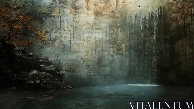 Silent cliffside waterfall whispering in a flooded stone atrium.