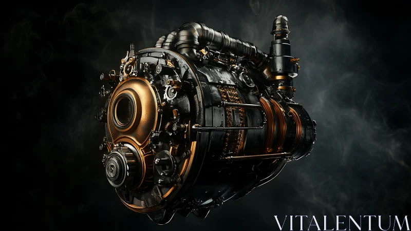 Steampunk-inspired cylindrical engine with copper detailing.