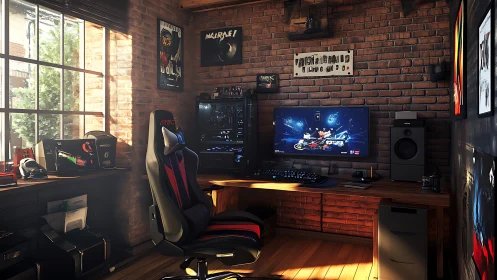 Cozy brick-walled gaming corner soaking in afternoon light.