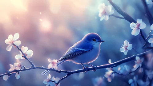Bluebird on Blossom Branch, Dreamy Pastel Spring Scene.