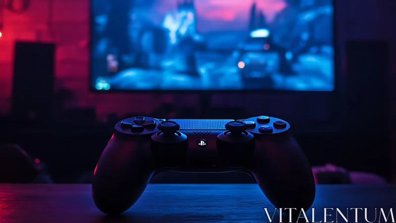 Game controller on table before illuminated screen scene.
