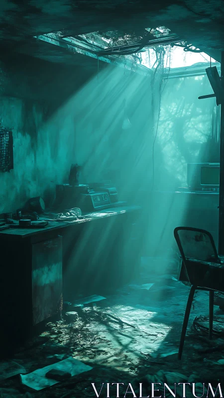 Volumetric light penetrating derelict teal laboratory interior.
