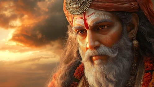 Serene sage gazes into a glowing sunset sky in quiet prayer