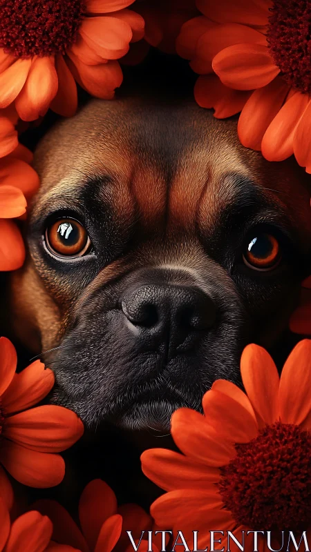 Gentle brown dog rests among vivid orange blossoms calmly
