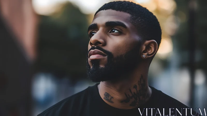 Shallow depth portrait of bearded man with neck tattoos at dusk