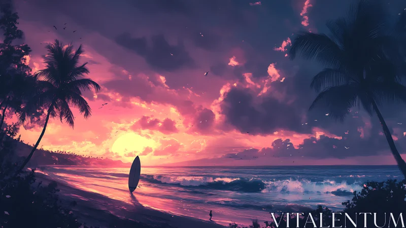 Digital seascape with silhouetted palms and sunset surf.