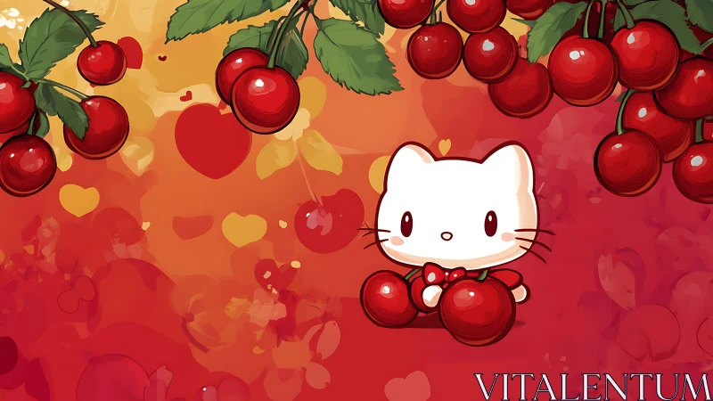 Cute Cat Character Holding Cherries in Vibrant Orchard Scene