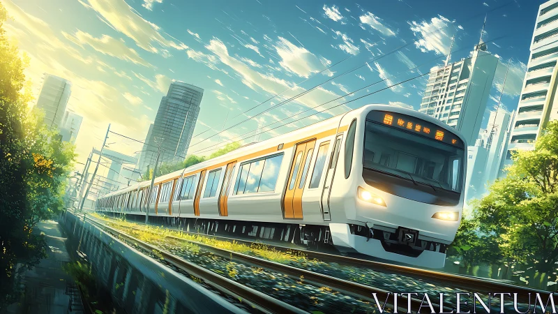 Electric commuter train moves through dense urban corridor