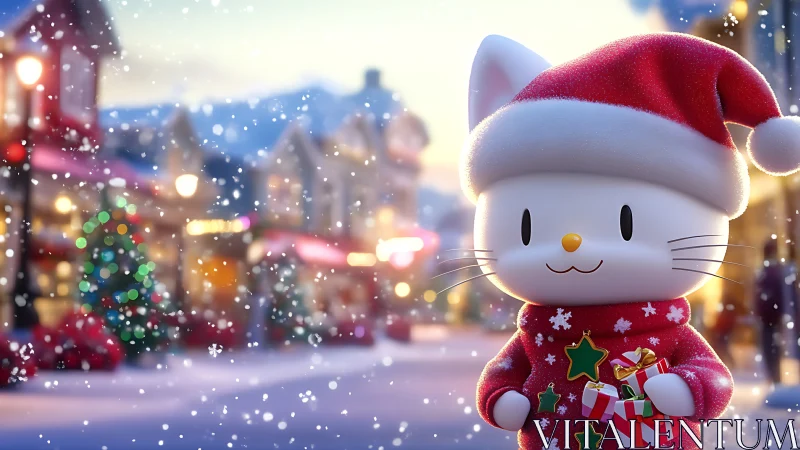 Cheerful Christmas cat enjoys snowy town lights and gifts