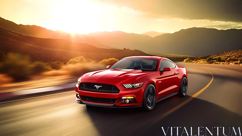 Red sports coupé powers through desert highway at sunset