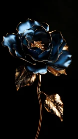 Gleaming blue rose with golden leaves in soft dark glow.