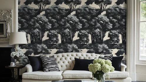 Monochrome forest mural anchors a refined transitional living room
