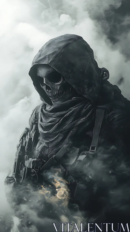 Hooded skeletal figure in tactical gear amid dense smoke.