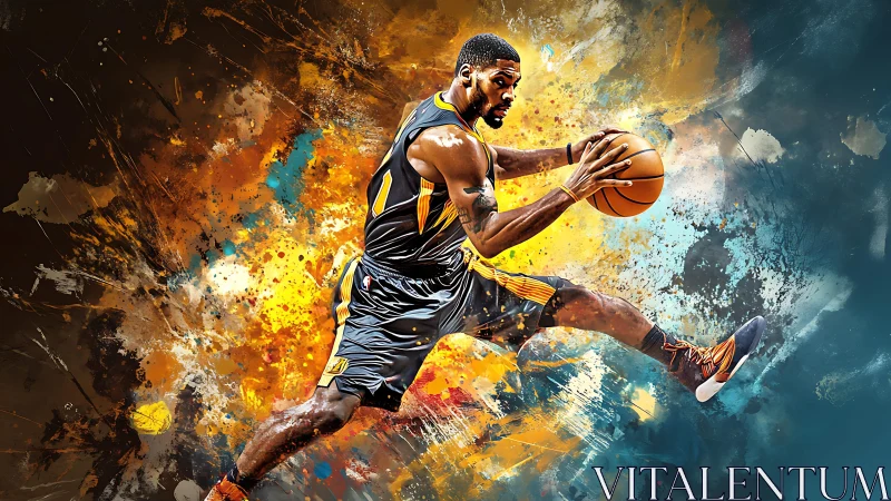 Explosive basketball leap carved from swirling color storms.