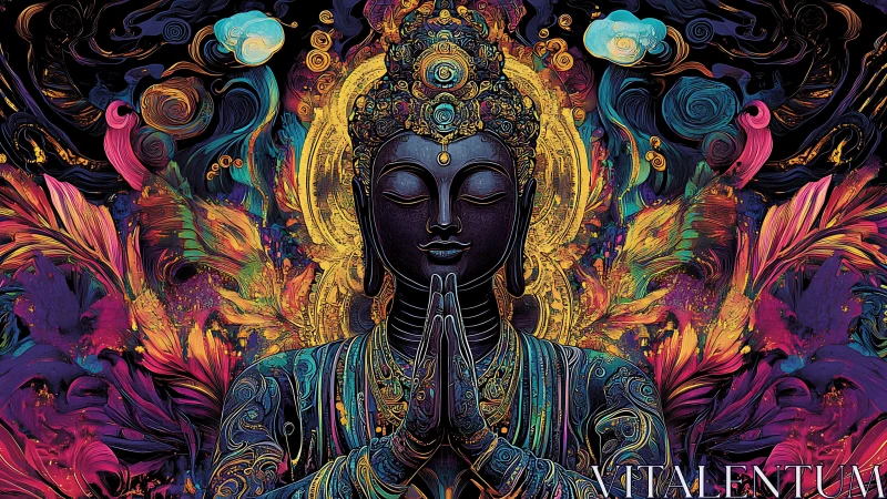 Radiant cosmic Buddha amid swirling neon mandala halo.