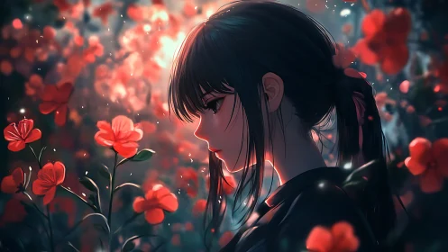 Anime profile portrait in bokeh-lit crimson floral field.
