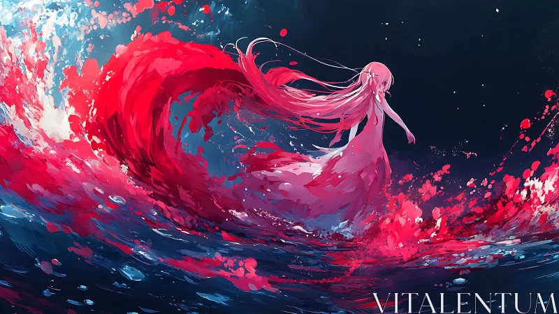 Dynamic crimson wave encircles ethereal figure in stylized ocean