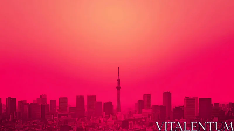 Monochromatic city skyline shows central tower in gradient haze