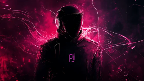 Neon cyber pilot stands in violet fractured light storm.