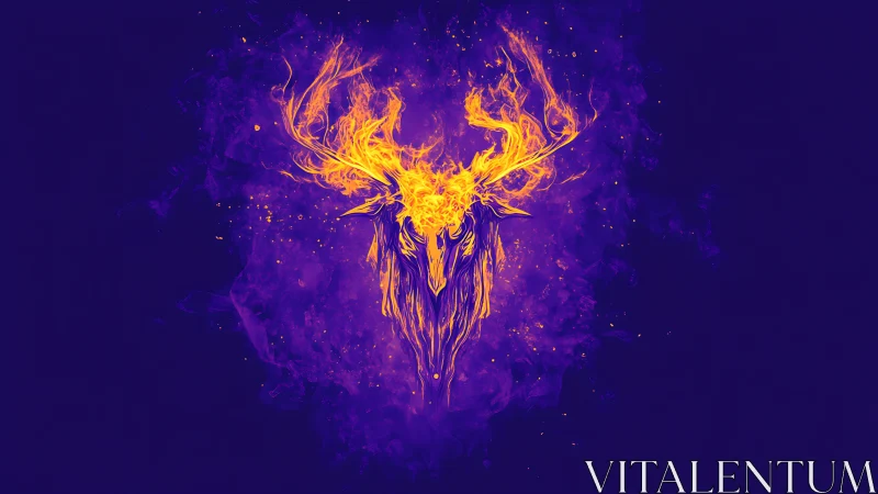Flaming stag skull in neon duotone firecloud composition.