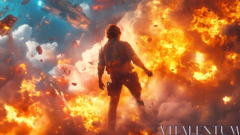 Solitary Figure in Explosive Inferno: Cinematic Action Destruction Scene