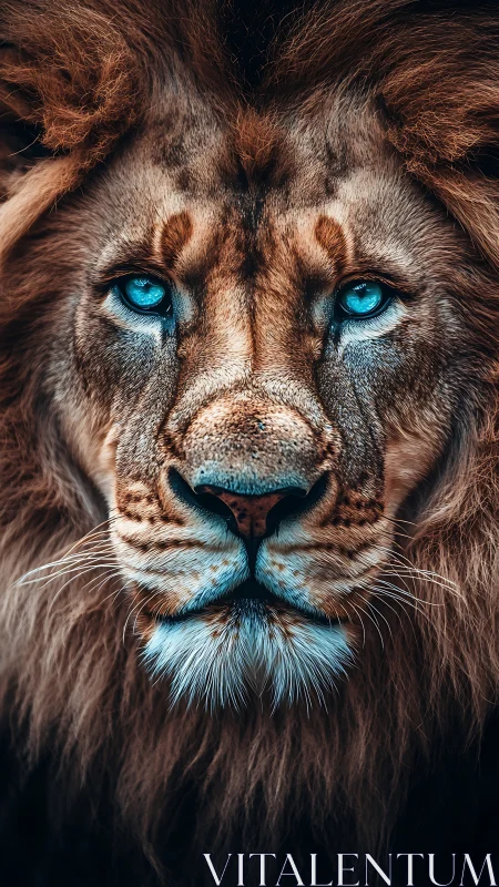 Symmetric frontal lion portrait with hyperreal cyan irises.