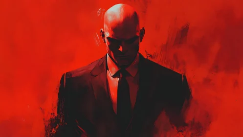 Bald suited figure in red abstract field, dramatic lighting.