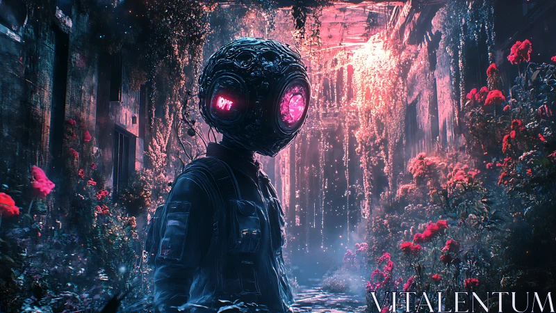 Neon eyed wanderer adrift in a bioluminescent ruin garden.