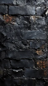 Charred black brick wall with rough peeling textured surface.