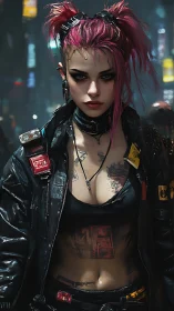 Fierce pink haired street rebel owns the neon night city