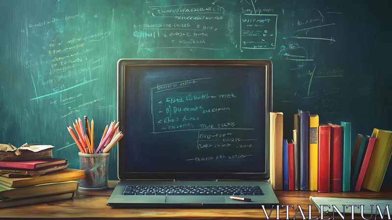 Laptop classroom crossroads of chalkboard math and bright books.