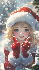 Smiling blonde girl in Santa outfit amid falling snow.