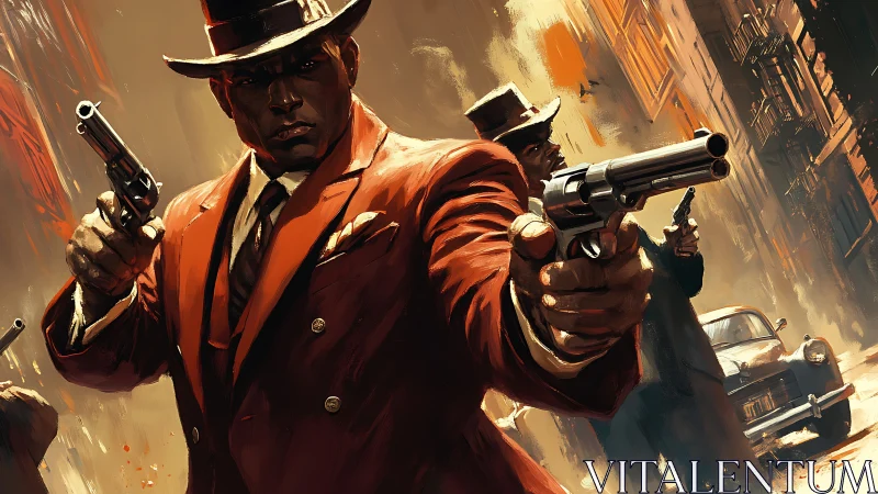 Gangster in red suit aims revolvers in dynamic street standoff