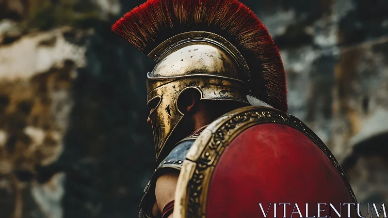Roman legionary profile in gilt helmet and crimson shield.