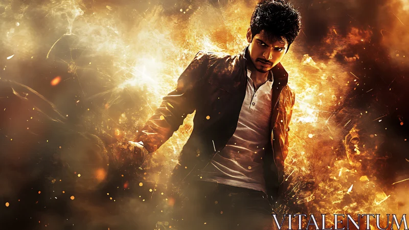 Male figure in dynamic pose amid stylized fiery backdrop.