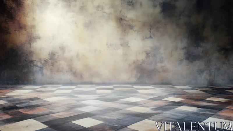 Weathered studio backdrop with moody checkered floor invites focus