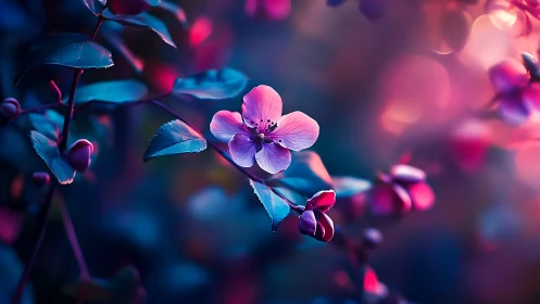 Luminous flowers bloom in neon-lit darkness and bokeh.