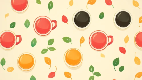 Top‑down beverage cups with autumnal leaf pattern repetition.