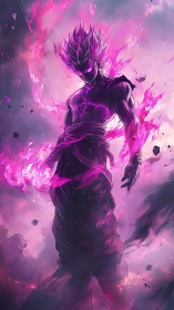Cosmic warrior ignites in violet stormfire ascension.