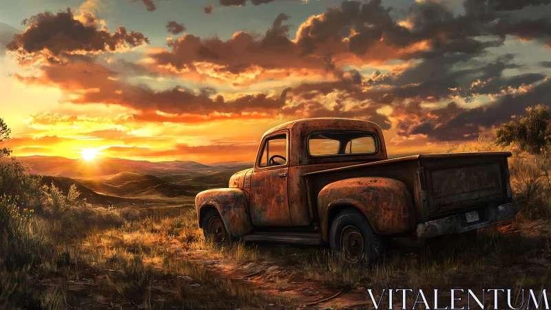Rust kissed pickup watches a wildfire sunset over lonely hills.