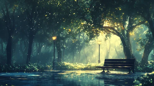 Moonlit Park Bench Beneath Glowing Forest Canopy.